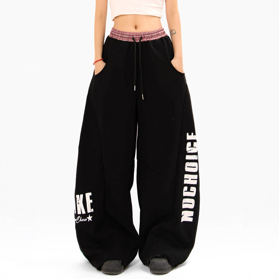 Spliced Letter Print Casual Pants Unisex Loose Wide-Legged Tapered Pants
