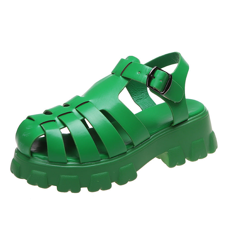 Roman Women's Sandals New Summer Breathable Toe Head Thick Bottom Hollow Buckle Sandals And Slippers