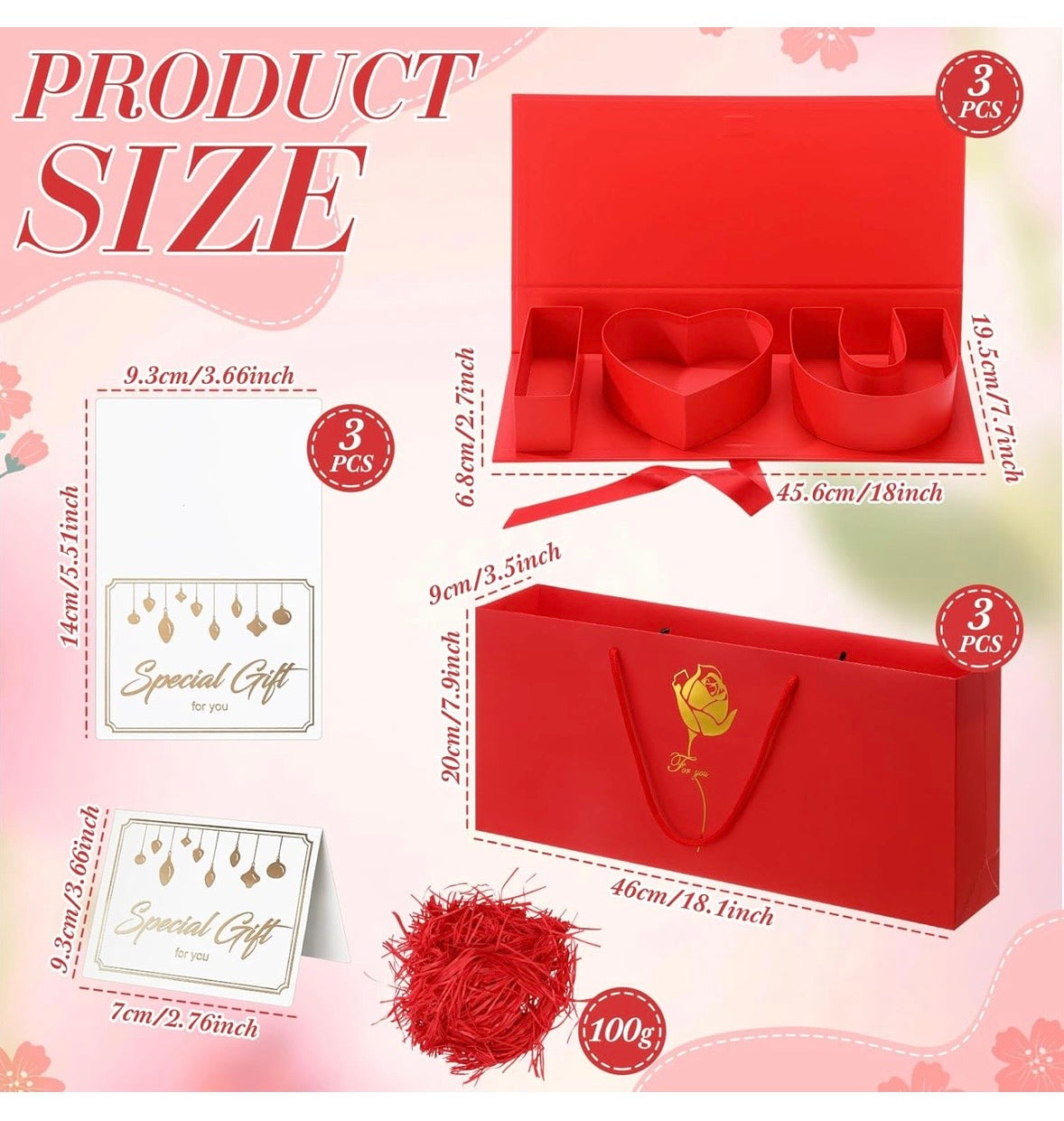 "I Love You" Box Cardboard 3 Fillable Flower Box 3 Gift Bags 3 Greeting Cards Raffia Paper Shreds for DIY Valentine's Day Wedding Bridal Shower Birthday Chocolate Gifts Packaging