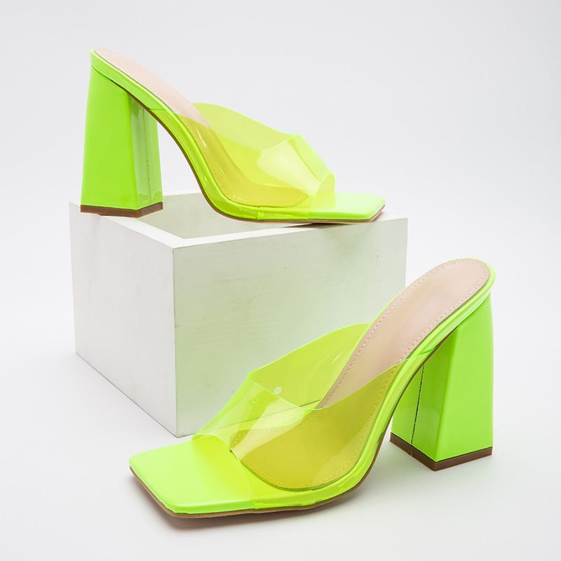 Fashion Candy-Colored Sandals Women's Summer New Large Yard Square Toe Chunky Heels High-Heeled Sandals And Slippers