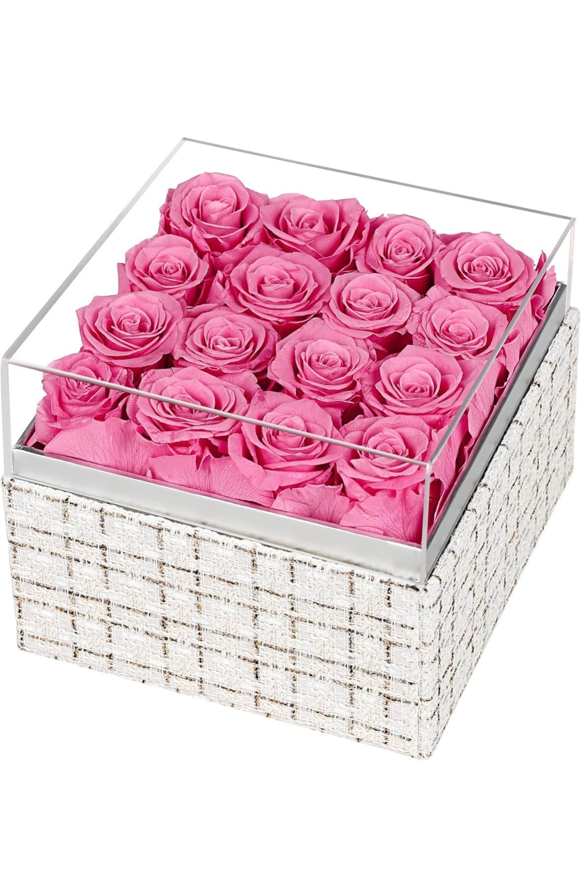 “Chic Thrills” 16 Count Preserved Rose Box, Eternal Pink / Red Forever Flowers Roses in Acrylic Box