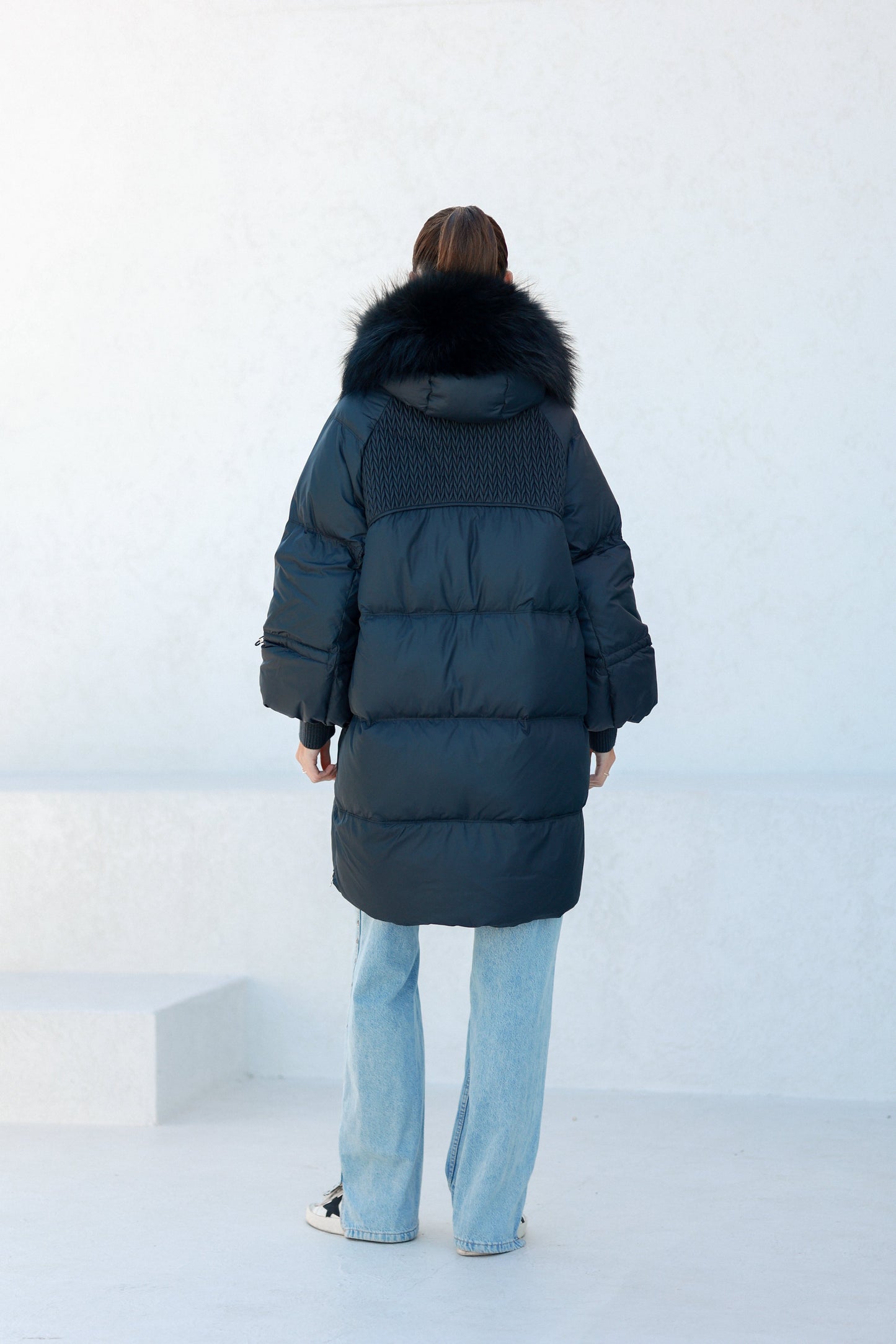 Celeste Genuine Fur Trim Down Fill Coat in Black