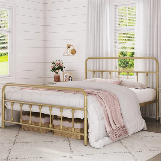 Full size Vintage Antique Gold Metal Platform Bed Frame with Headboard Footboard-0