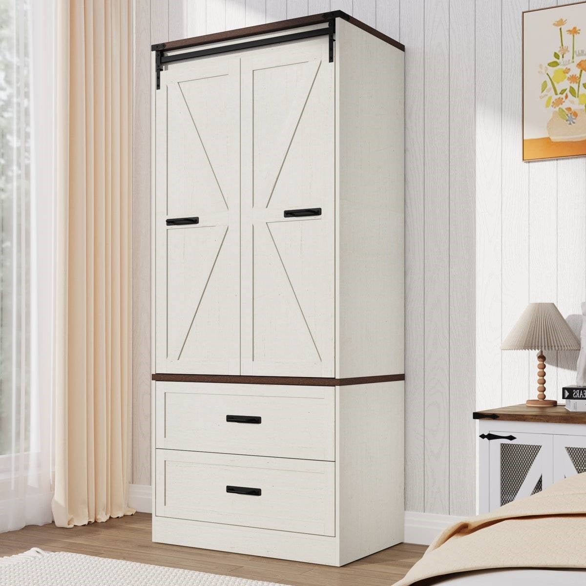 White Farmhouse Armoire Wardrobe Closet with Sliding Barn Doors-0
