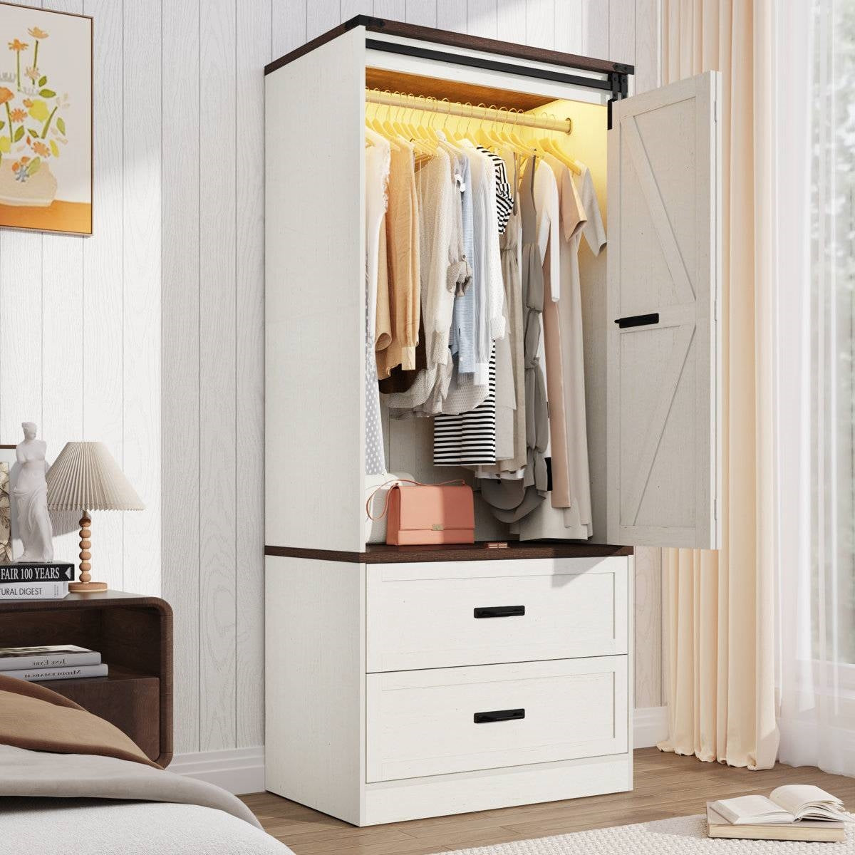 White Farmhouse Armoire Wardrobe Closet with Sliding Barn Doors-1