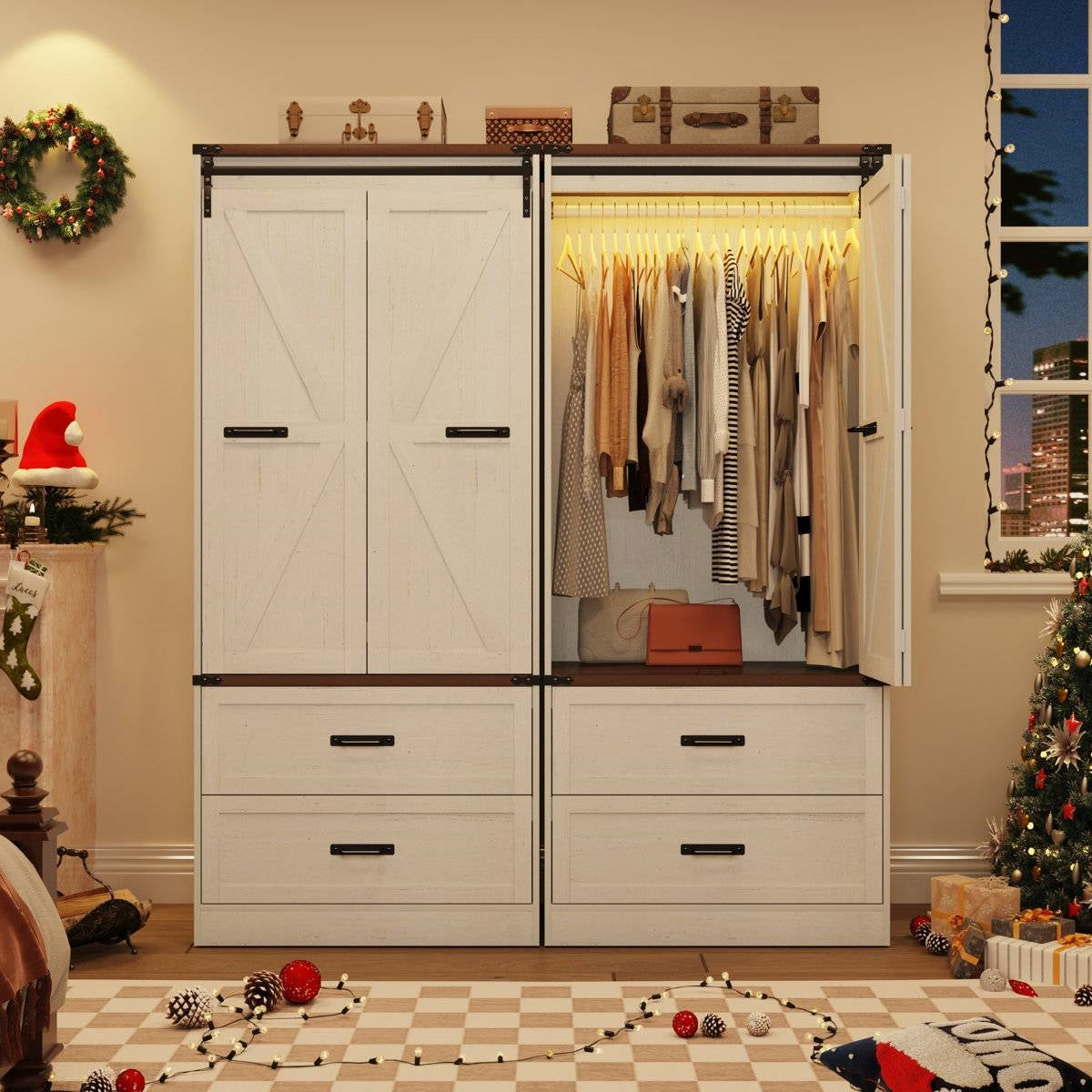 White Farmhouse Armoire Wardrobe Closet with Sliding Barn Doors-2