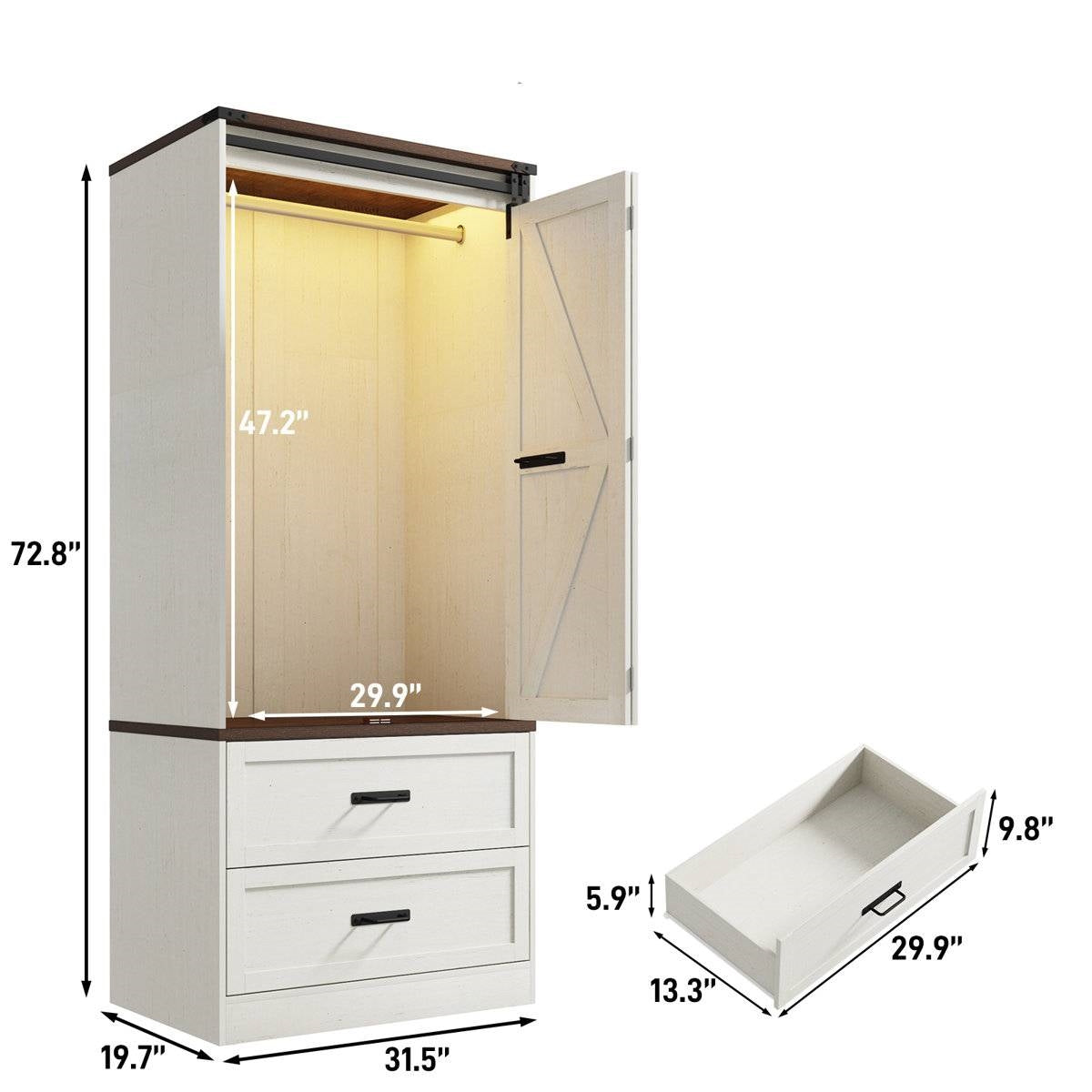 White Farmhouse Armoire Wardrobe Closet with Sliding Barn Doors-4