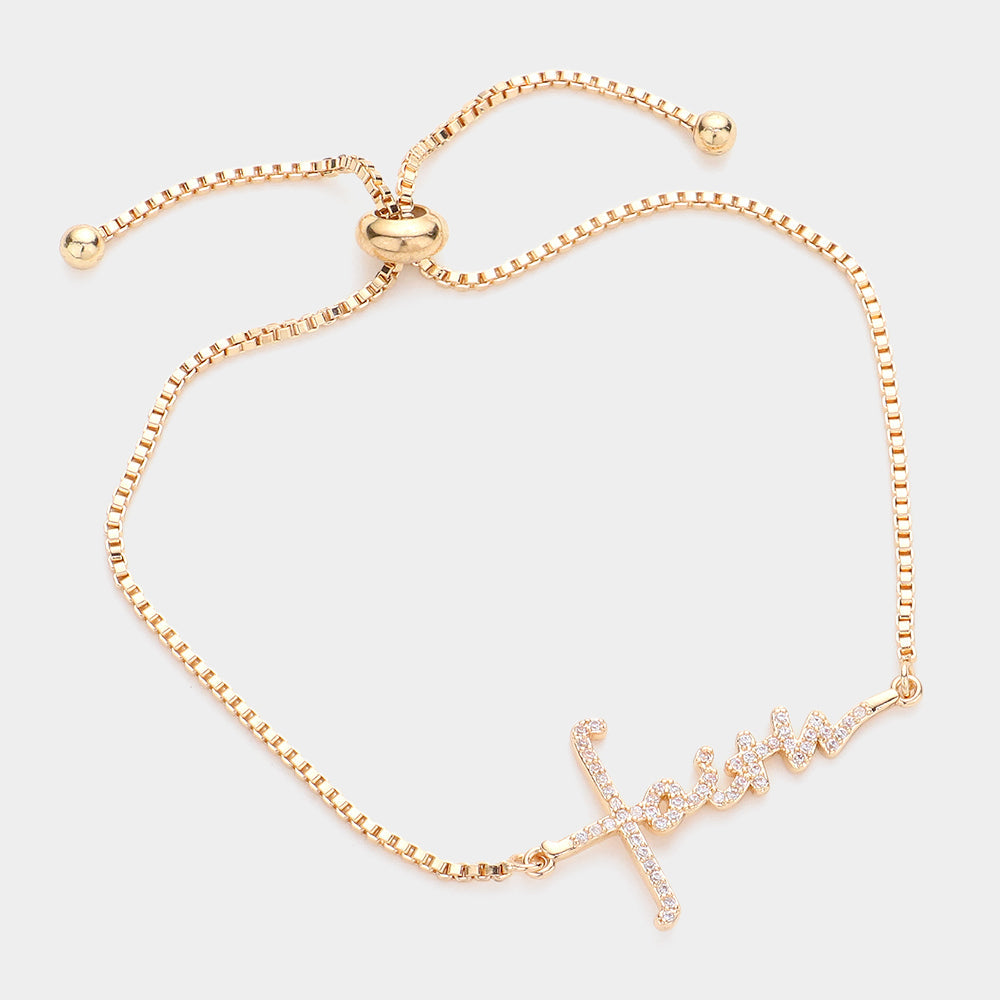 Faith CZ Message Charm Pull Tie Bracelet