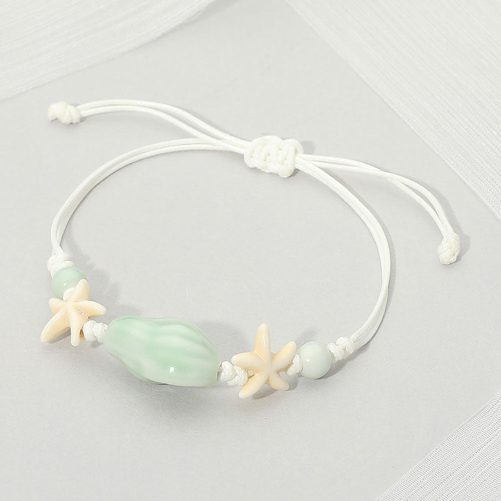 Ceramic Conch Shell Starfish Beaded Adjustable Cinch Pull Tie Bracelet