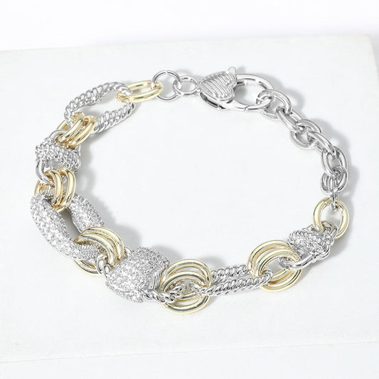14K Gold Plated Two Tone CZ Stone Paved Ring Link Bracelet