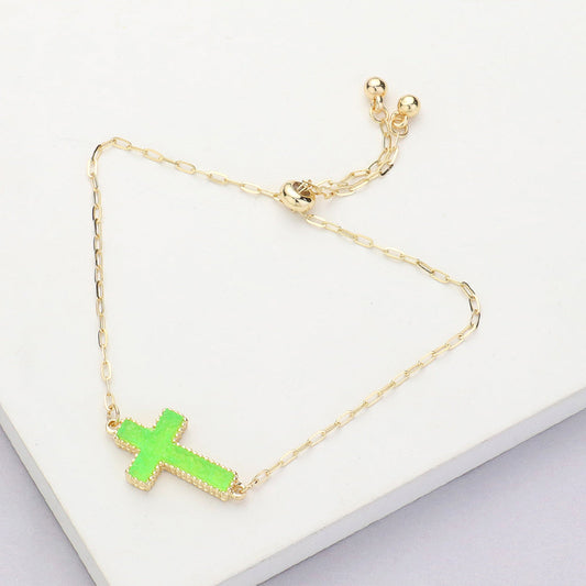 Cross Druzy Adjustable Pull Tie Bracelet