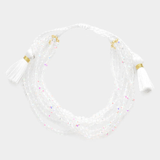 Multi Layered Faceted Beaded Tassel Cinch Pull Tie Bracelet