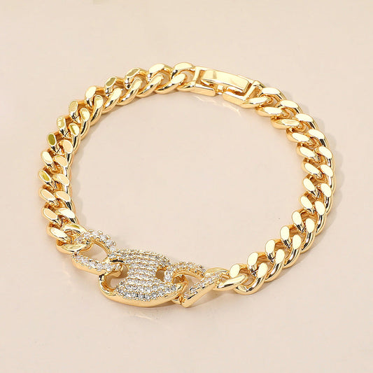 CZ Stone Paved Mariner Link Charm Accent Cuban Link Chain Bracelet