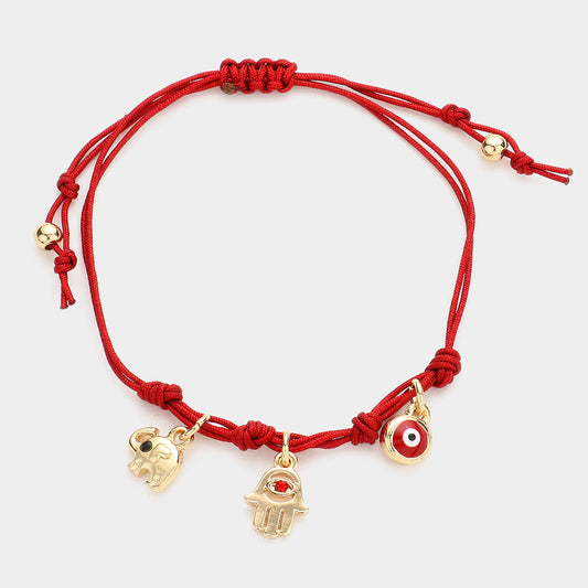 Elephant Hamsa Hand Evil Eye Charm Pull Tie Cinch Bracelet