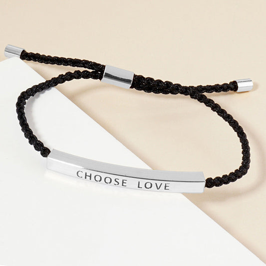 White Gold Dipped CHOOSE LOVE Message Bar Pointed Rope Adjustable Cinch Pull Tie Bracelet