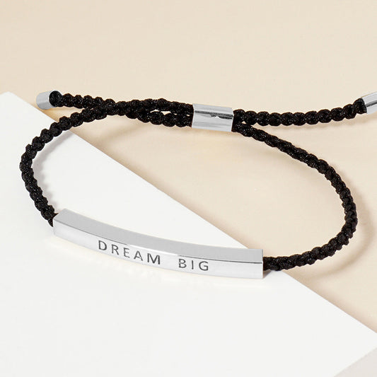 White Gold Dipped DREAM BIG Message Bar Pointed Rope Adjustable Cinch Pull Tie Bracelet