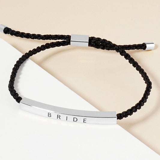 White Gold Dipped BRIDE Message Bar Pointed Rope Adjustable Cinch Pull Tie Bracelet