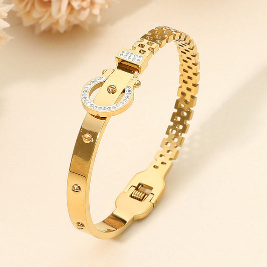 SECRET BOX_Stainless Steel Stone Paved Horseshoe Buckle Accent Hinged Bangle Bracelet