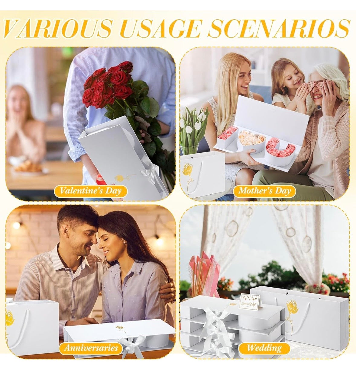 "I Love You" Box Cardboard 3 Fillable Flower Box 3 Gift Bags 3 Greeting Cards Raffia Paper Shreds for DIY Valentine's Day Wedding Bridal Shower Birthday Chocolate Gifts Packaging