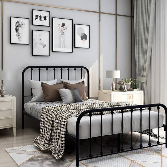 Full size Classic Black Metal Bed Frame with Slatted Headboard and Footboard-0