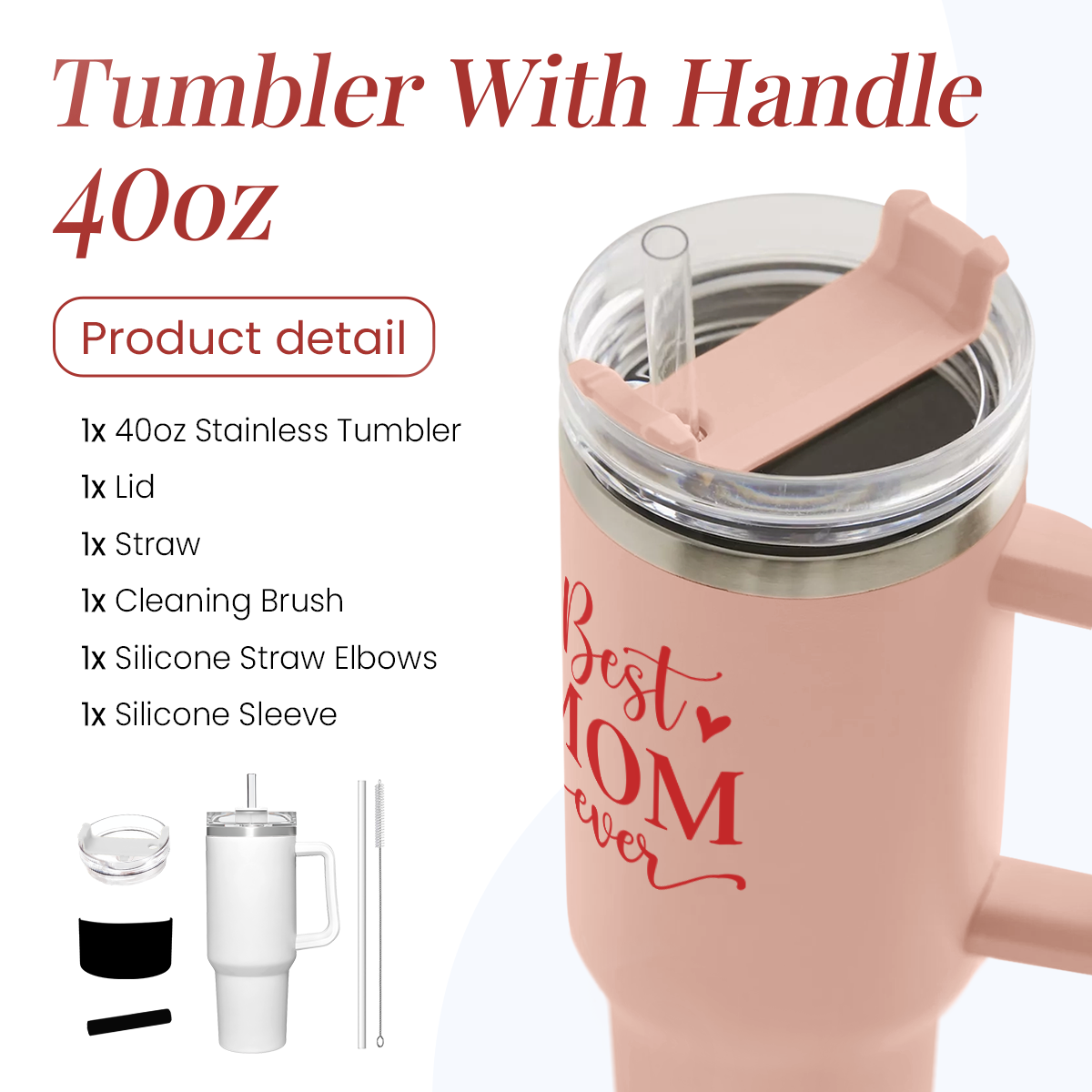 Mom Gifts Best Mom Ever Tumbler Stainless Steel 40oz with Handle Insulated Travel Cup - Mom Travel Coffee, Mother's Day Christmas Birthday Gifts from Son Daughter