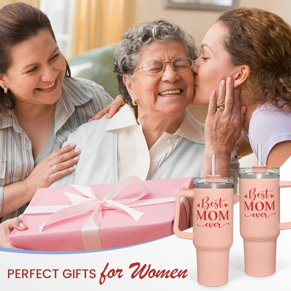 Mom Gifts Best Mom Ever Tumbler Stainless Steel 40oz with Handle Insulated Travel Cup - Mom Travel Coffee, Mother's Day Christmas Birthday Gifts from Son Daughter