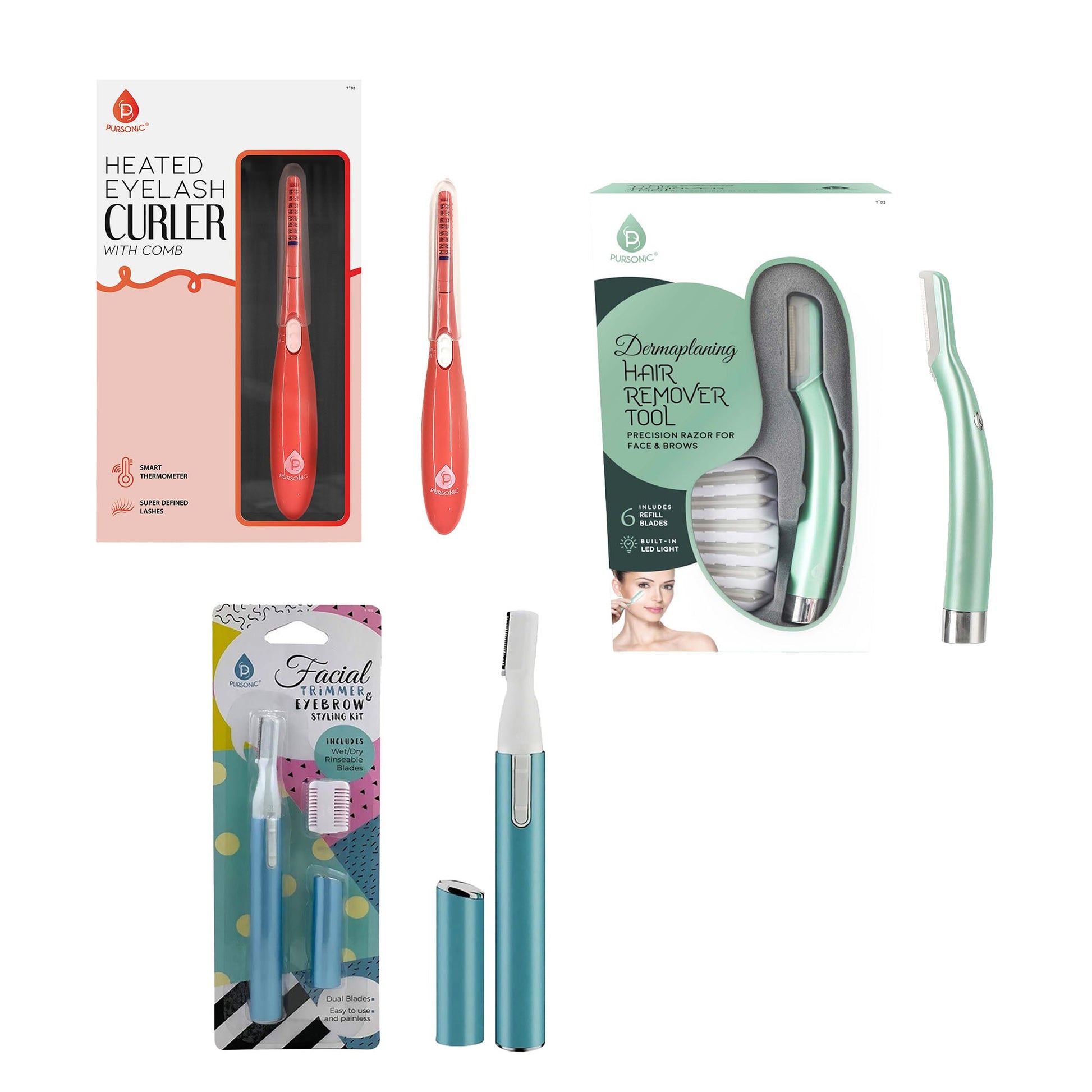 Pursonic Beauty Precision Bundle – Multi-Purpose Hair Trimmer, Heated Eyelash Curler & Dermaplaning Hair Remover Tool-0
