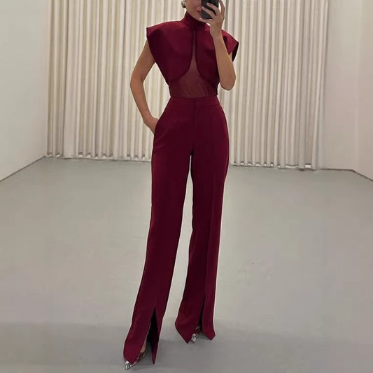 Wine red stand collar sleeveless mesh spliced jumpsuit with high-end split trousers set