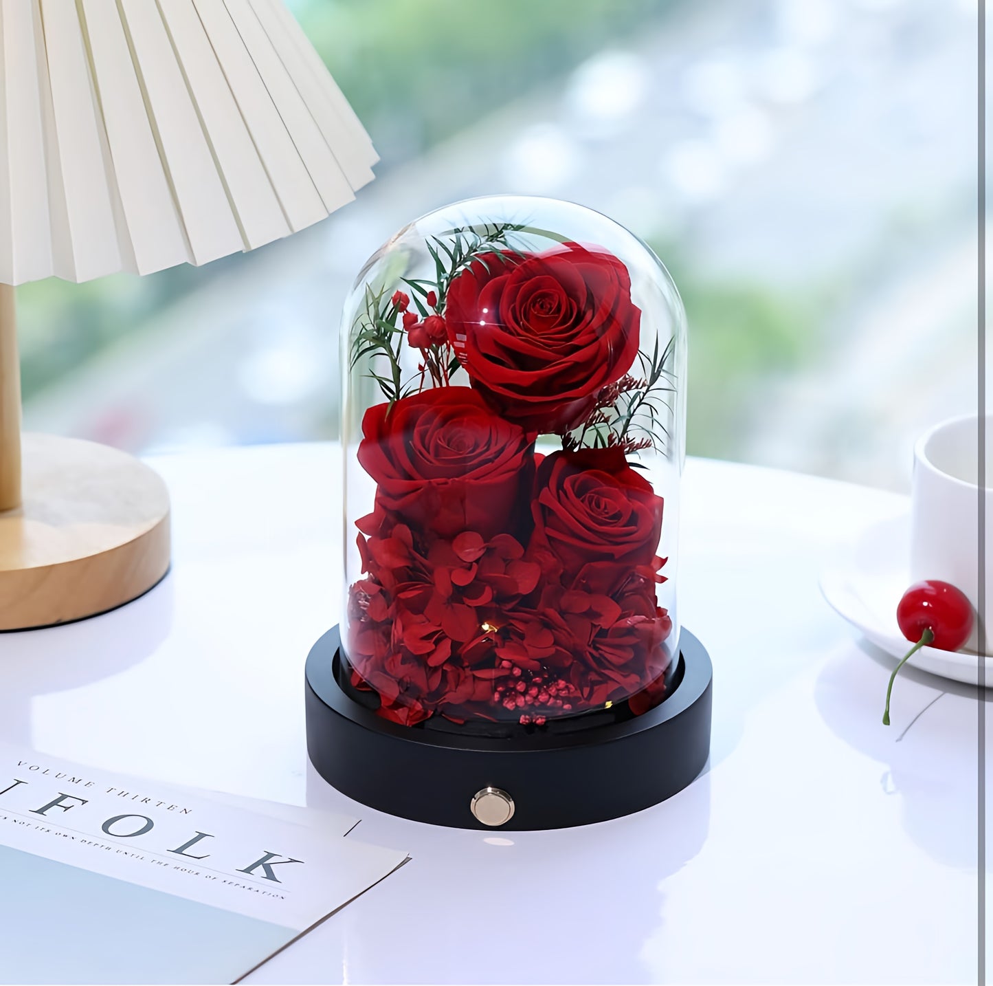 100% Real Preserved Flowers in Glass Dome with LED, Red Roses for Delivery