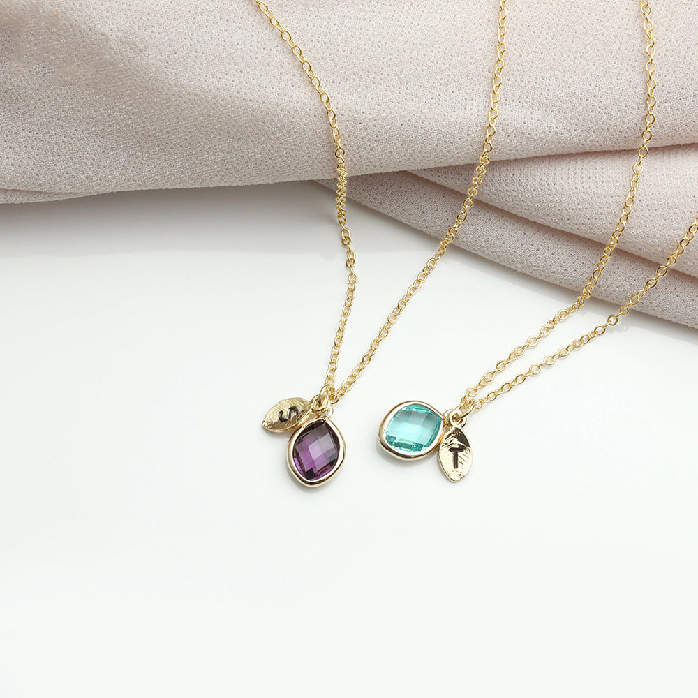 12-color water drop birthstone leaf lettering diy necklace holiday gift