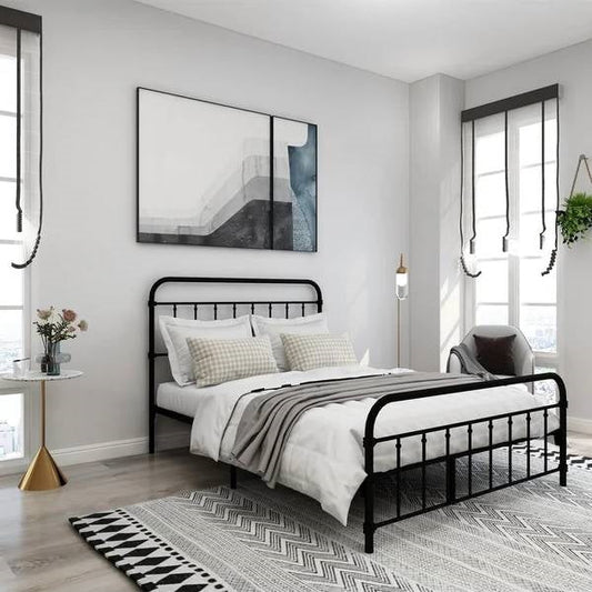 Full size Farmhouse Black Metal Bed Frame with Rounded Headboard Footboard-0