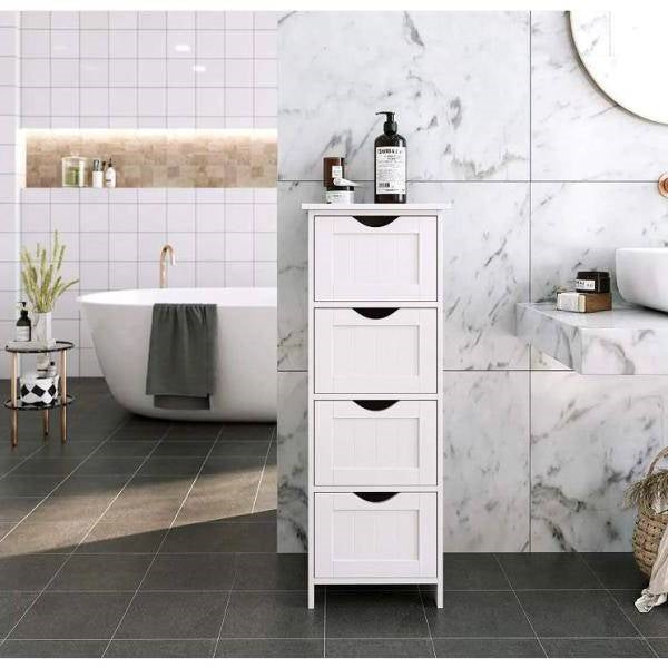 Modern Farmhouse 4-Drawer Bathroom Linen Floor Cabinet in White Wood Finish-1
