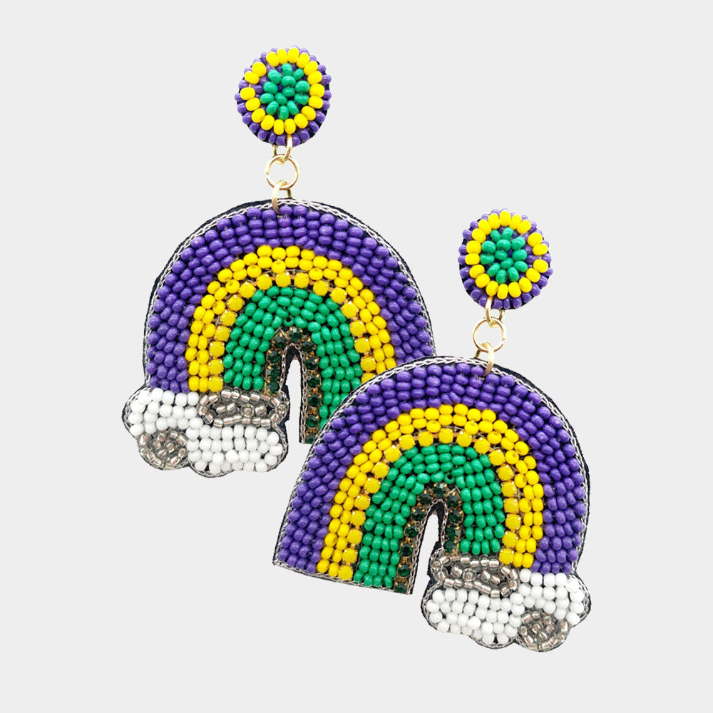Mardi Gras Felt Back Seed Beaded Rainbow Dangle Earrings