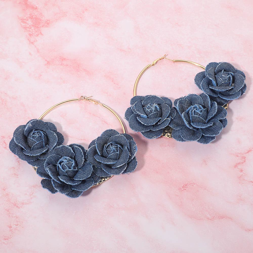 Bold Triple Denim Fabric Rose Beaded Hoop Earrings