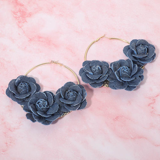 Bold Triple Denim Fabric Rose Beaded Hoop Earrings