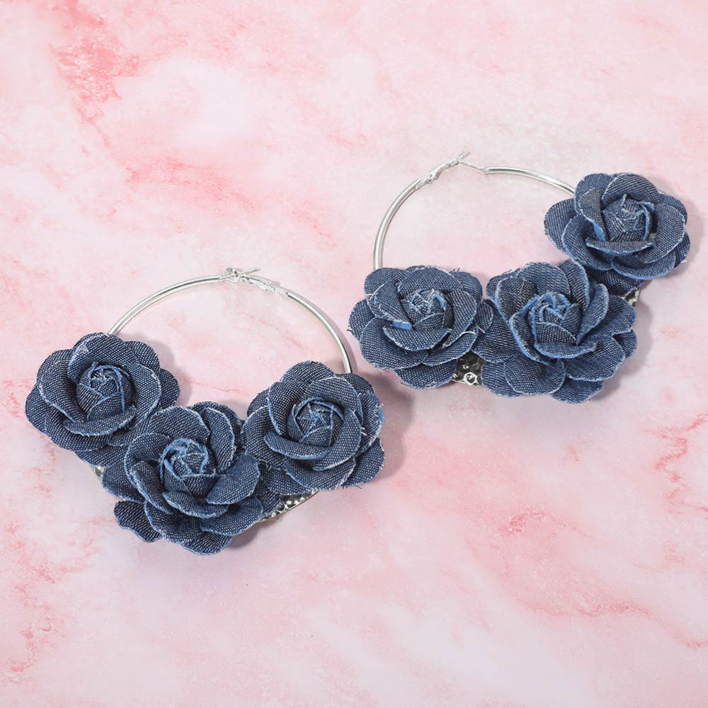 Bold Triple Denim Fabric Rose Beaded Hoop Earrings