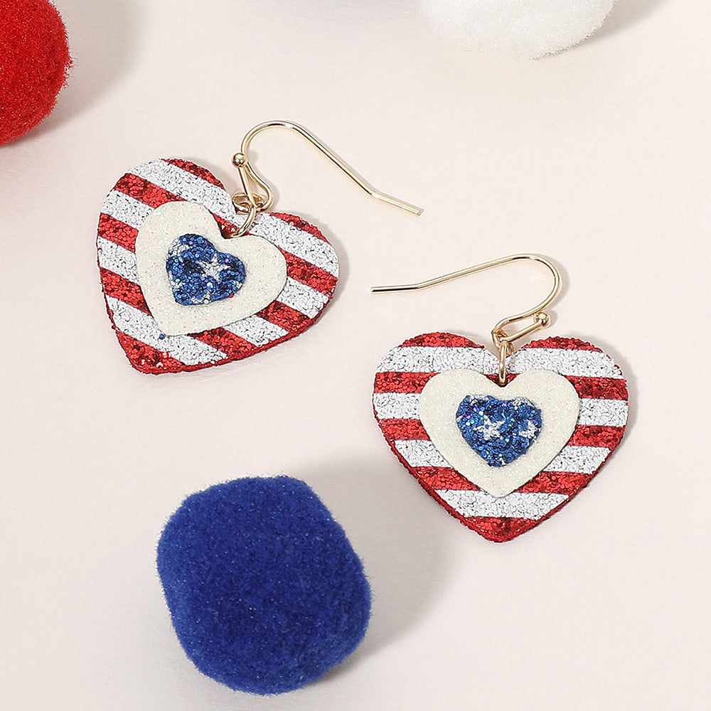 Glittered American USA Flag Heart Dangle Earrings