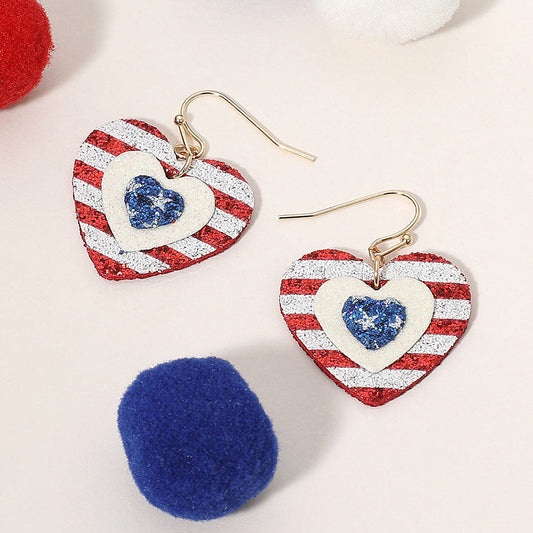 Glittered American USA Flag Heart Dangle Earrings