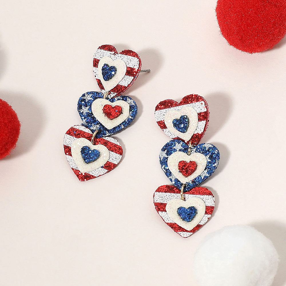Glittered American USA Flag Triple Heart Link Drop Earrings