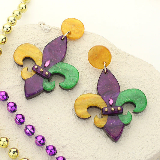 Glittered Resin Mardi Gras Fleur de Lis Dangle Earrings
