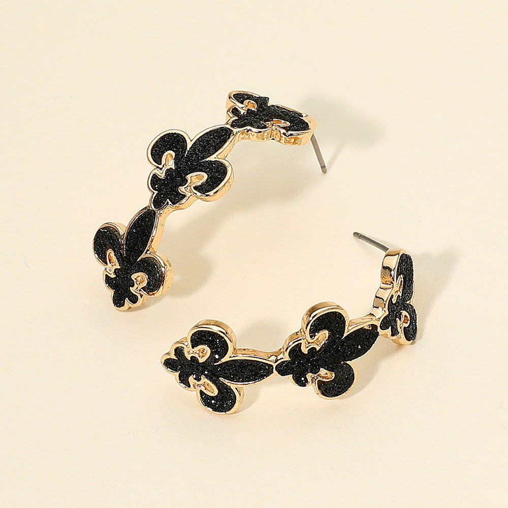 Glitter Mardi Gras Fleur de Lis Link Hoop Earrings