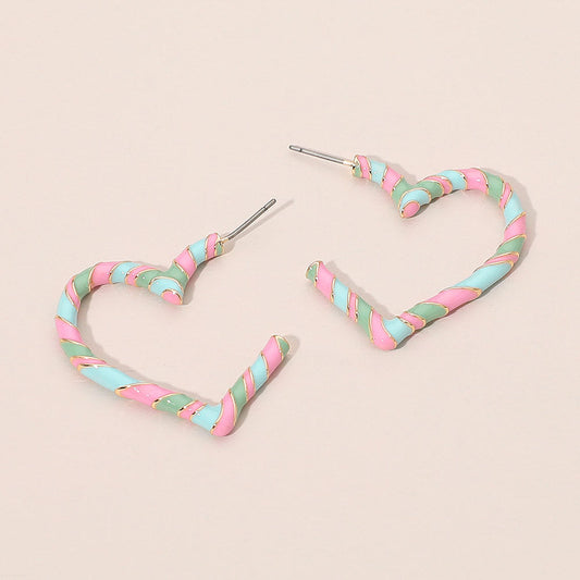 Enamel Twisted Candy Cane Open Heart Hoop Earrings