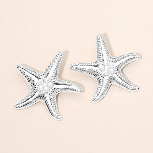 Bold Pearl Center Textured Starfish Statement Earrings