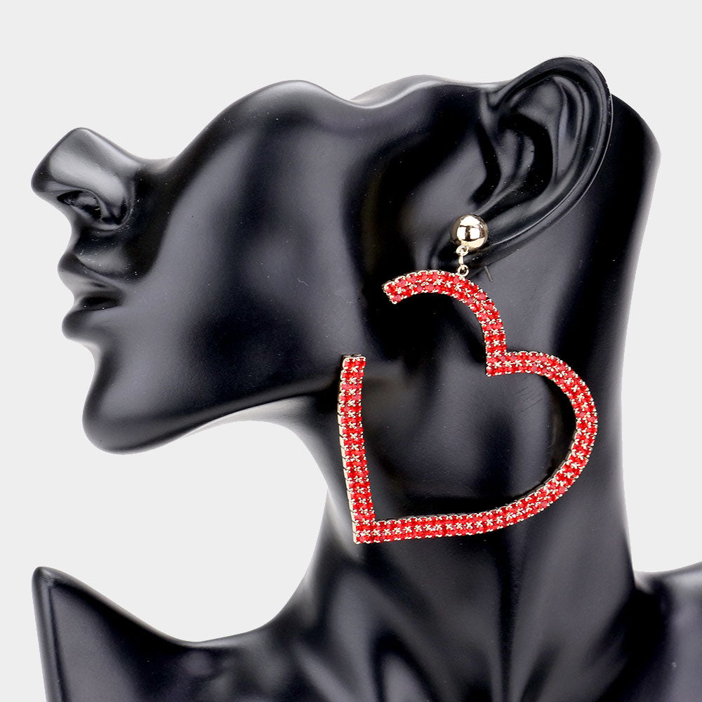 Metal Ball Rhinestone Open Heart Dangle Earrings