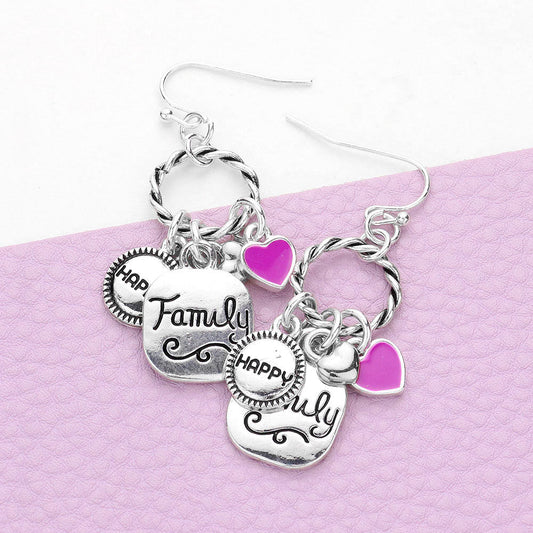 Braided Open Circle Happy Family Enamel Heart Dangle Earrings