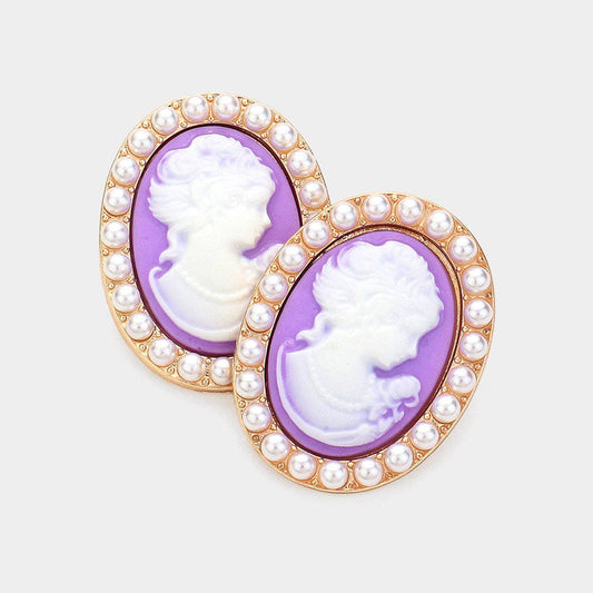 Pearl Embellished Cameo Stud Earrings