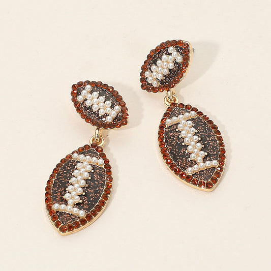 Rhinestone Pearl Embellished Football Dangle Earrings