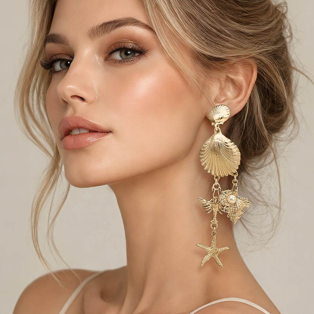 Bold Seashell Lobster Starfish Link Drop Statement Earrings