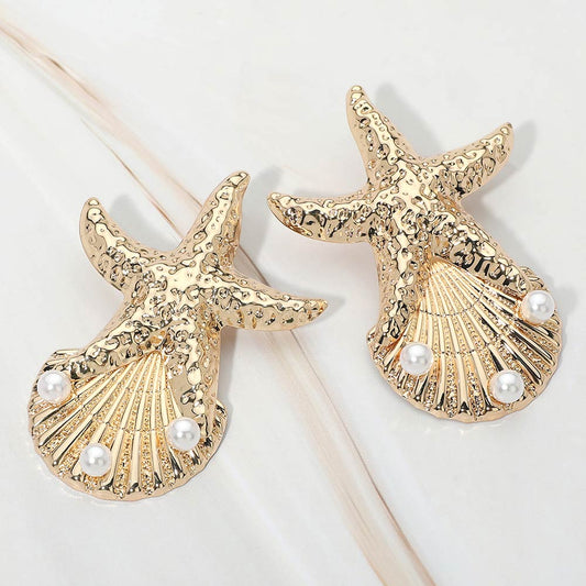 Pearl Accent Textured Starfish Shell Earrings