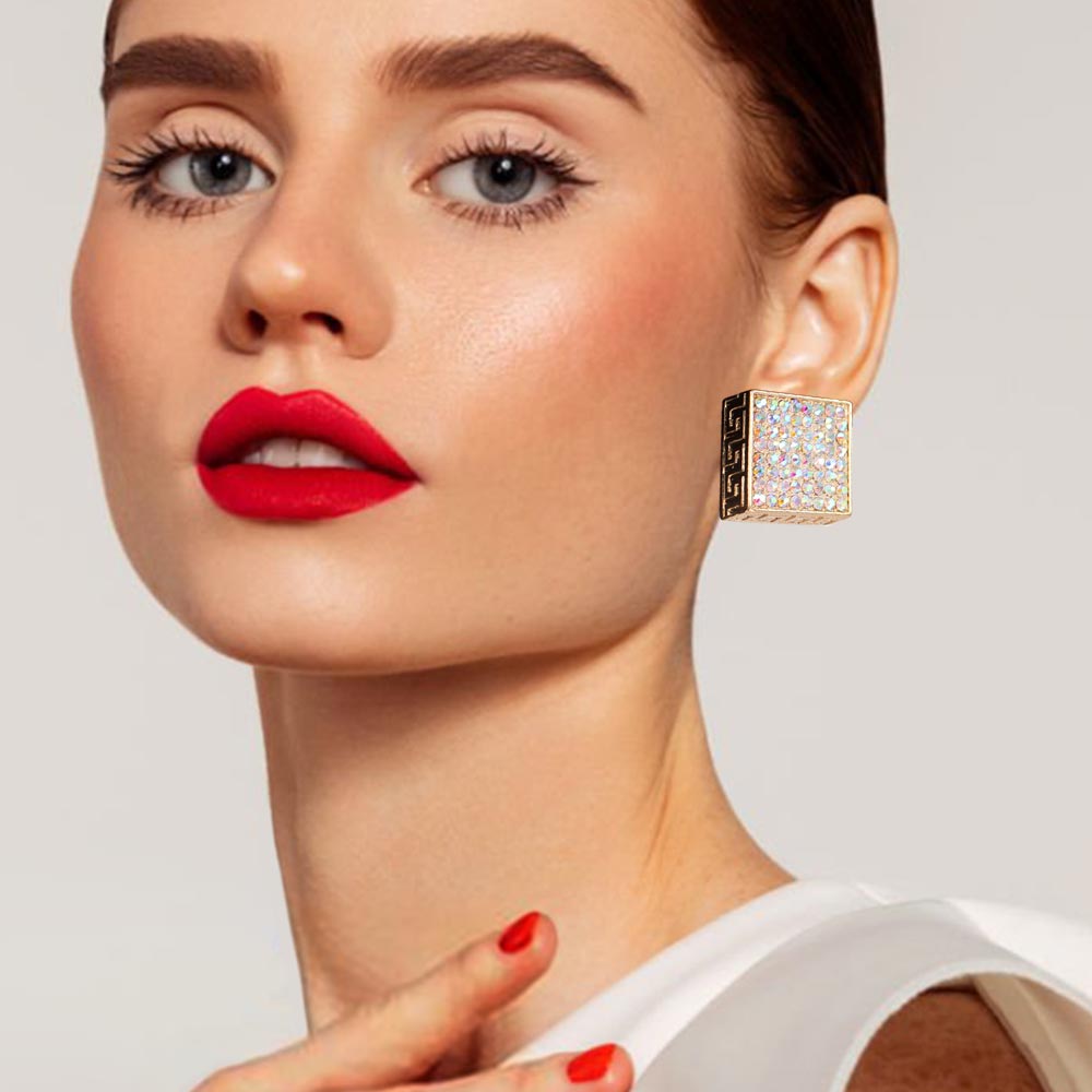 Greek Pattern Detailed Rhinestone Embellished Square Earrings
